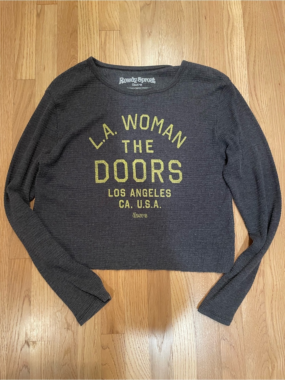 Rowdy Sprout Charcoal Cropped Sweatshirt with Yellow 'The Doors' Graphic